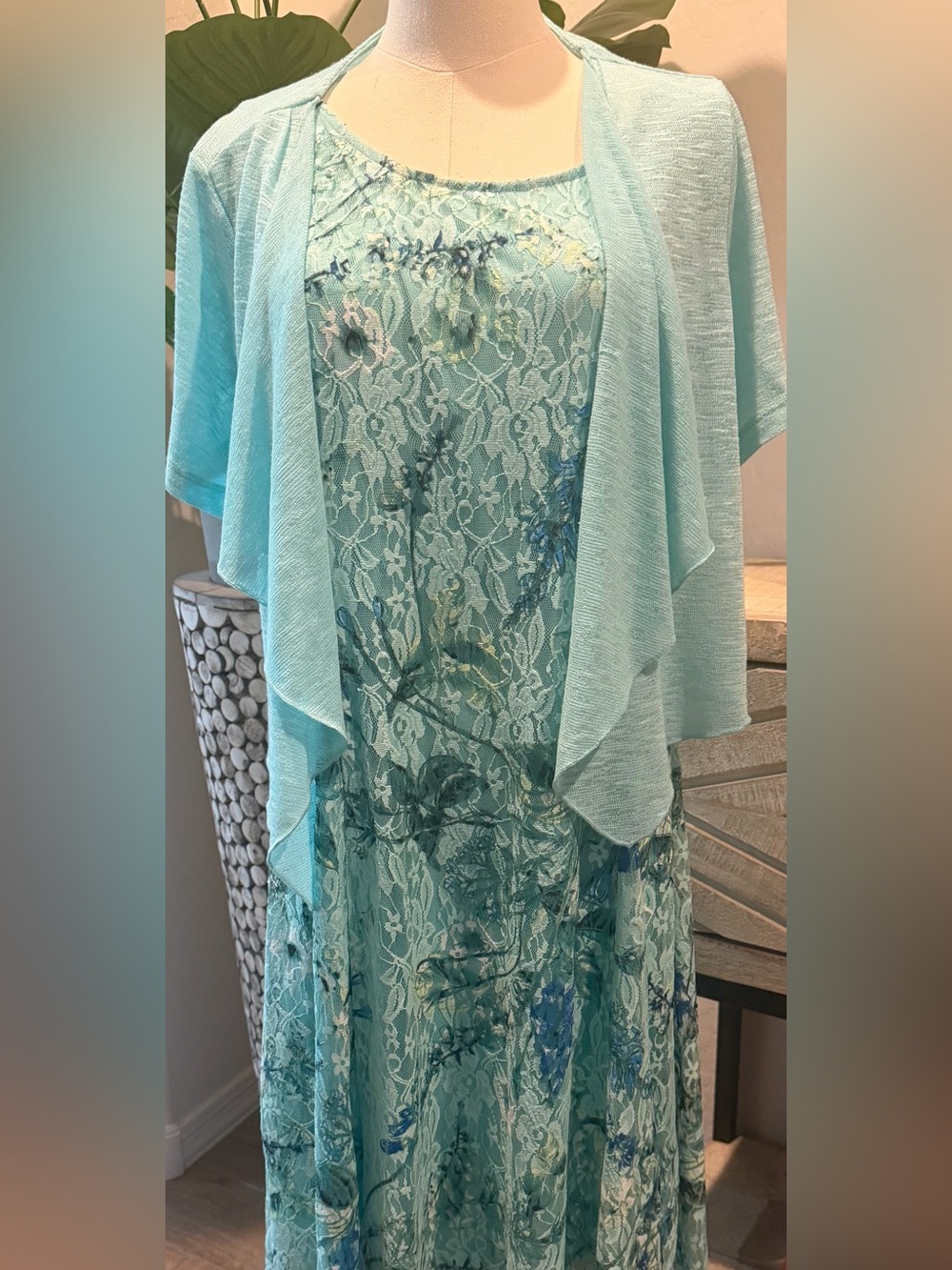 Perceptions Aqua Lace & Floral Midi Dress with Coordinating Shawl
